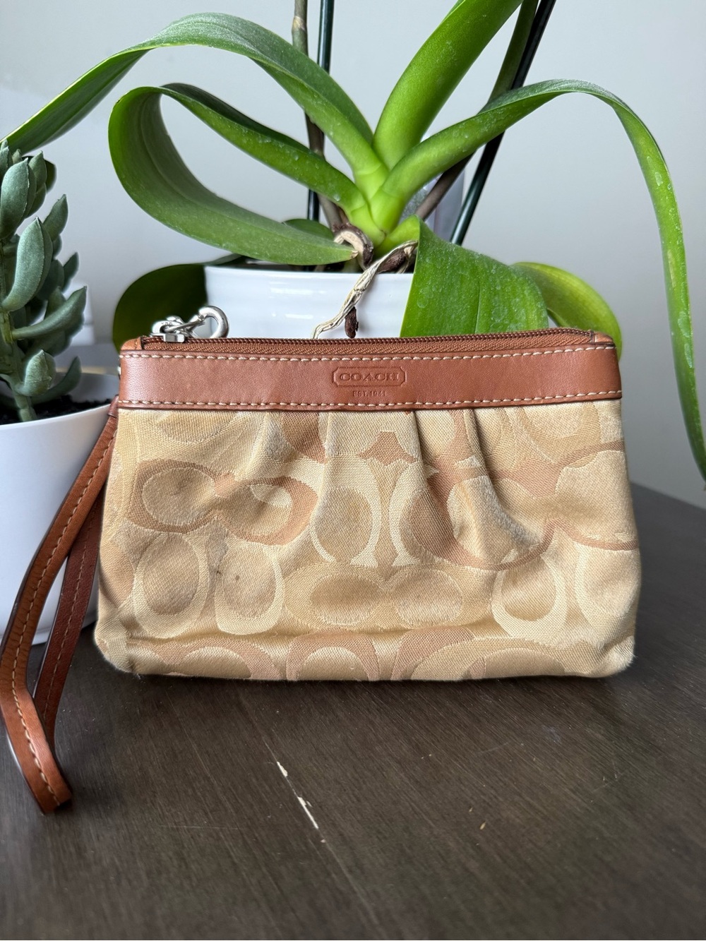 Coach Tan Signature Canvas Wristlet with Brown Leather Trim